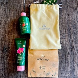 New Set of Arbonne Orchid Dusk Gift Set - Body Polish, Body Oil, Glove, Bag